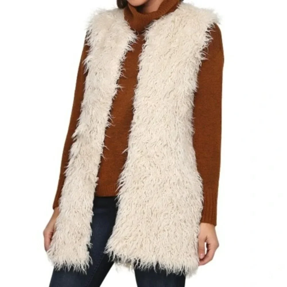 Faux Fur Cardigan Vest M White Brown Faux Suede Boho Chic Cabincore Open Front - Picture 10 of 10